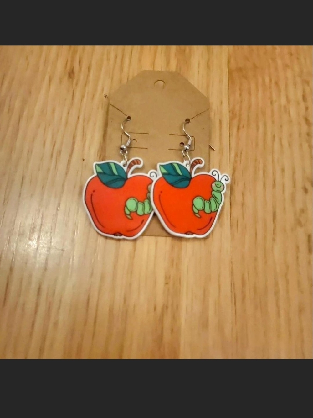 Handmade Apple And Worm Dangle Earrings